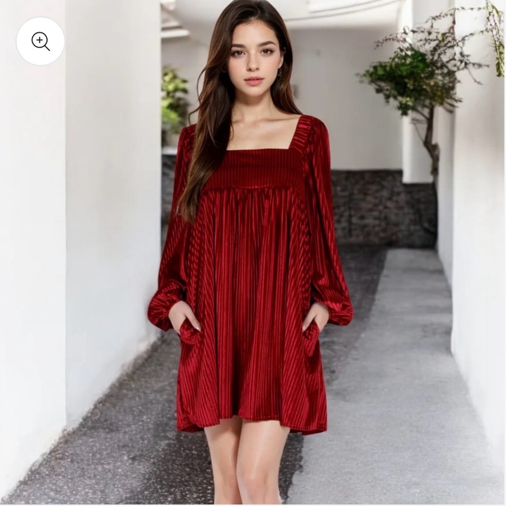 OQQ | Women’s Red Velvet Ribbed Long Sleeve Mini Dress S NWOT - Picture 3 of 8